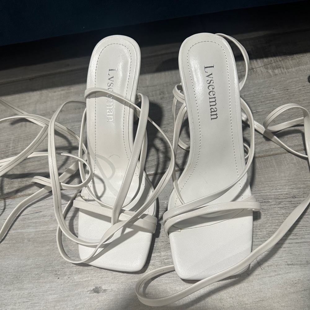 Strappy white sandal heels